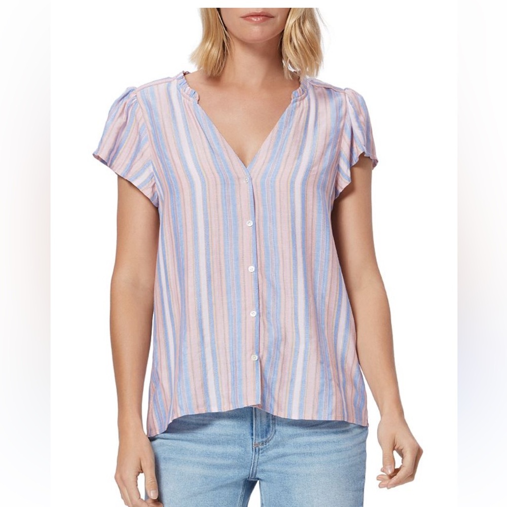 PAIGE Striped Flutter-Sleeve Blouse - Pink and Blue. EUC